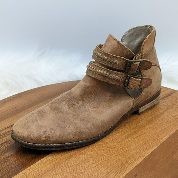 Free People Braeburn Ankle Boot 37 7 Brown Leather Double Side Buckle Distressed - Picture 1 of 14